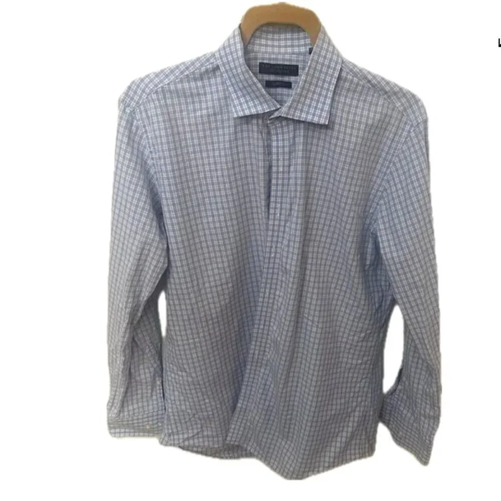 Men's Store Bloomingdales Button Down Shirt 34/35 16.5 Blue Checked Slim Fit